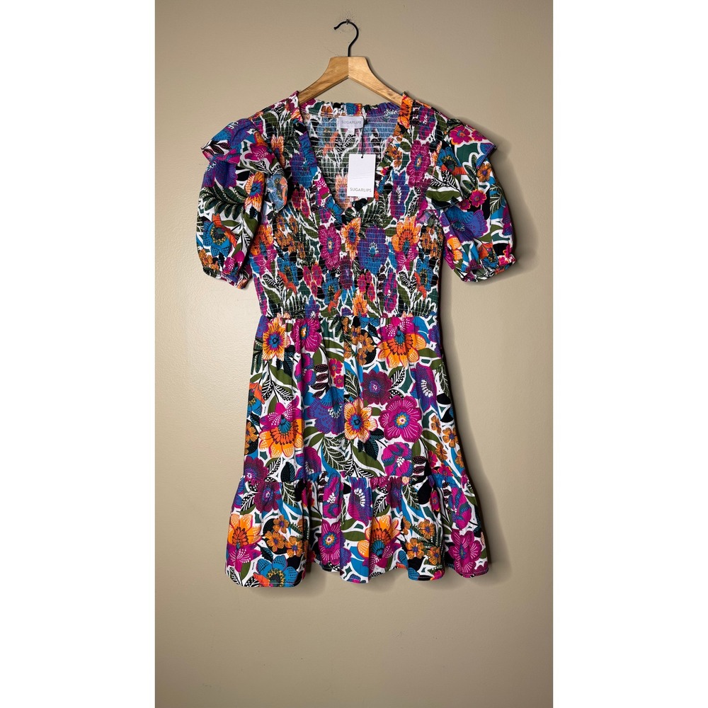Sugarlips Floral Smocked Mini Dress V-Neck Ruffle Sleeve Multicolor Size L NWT